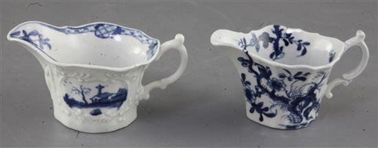Two Worcester blue and white creamboats in the Bare Tree Pagoda and Prunus Root patterns, c.1754-60, 10.5 and 10cm long